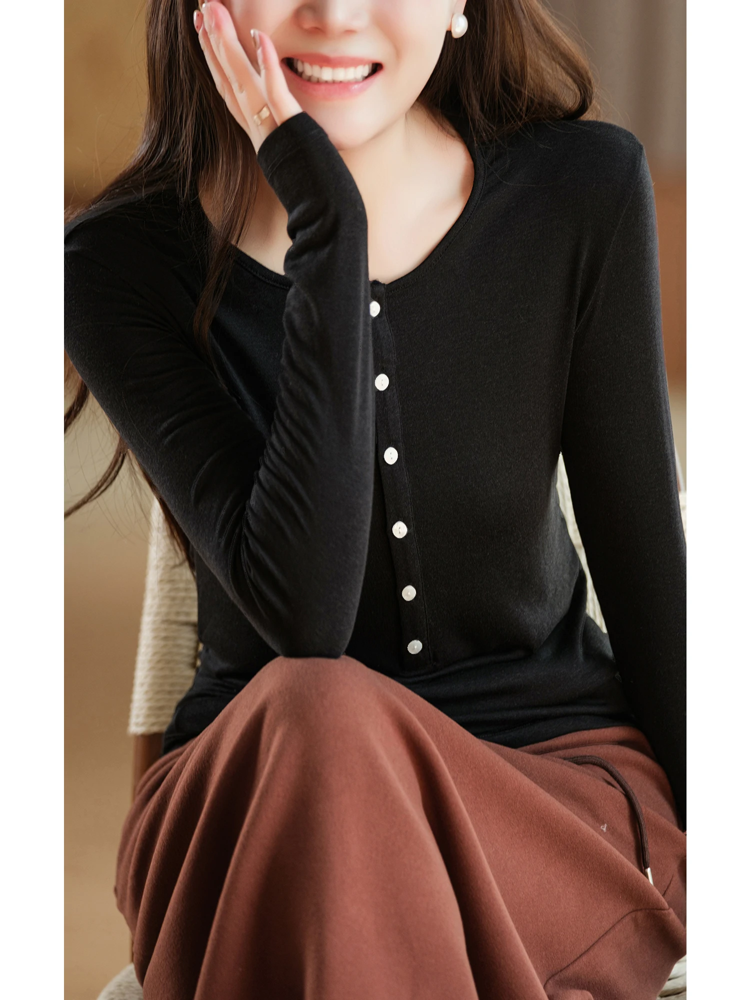 Slimming Long Sleeve T-Shirt Acetate Wool Half Button round Neck Casual Style Women's Standard Fit T-Shirt from Little Ear Pr...