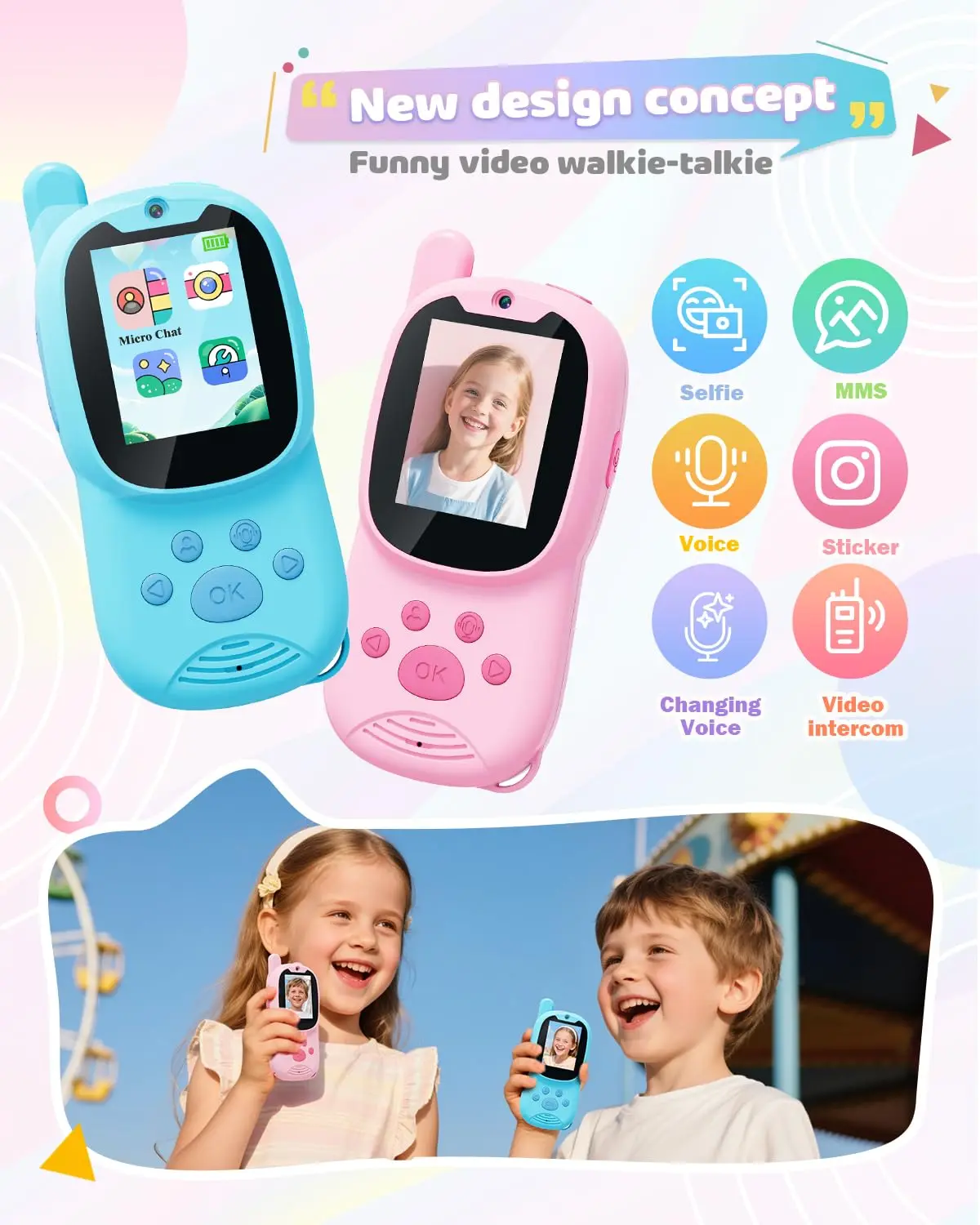 Video-walkie-talkies voor kinderen, 2-pack oplaadbare kinder-walkie-talkies kunnen berichten verzenden, kerst- en verjaardagscadeaus voor kinderen van 3-12 jaar