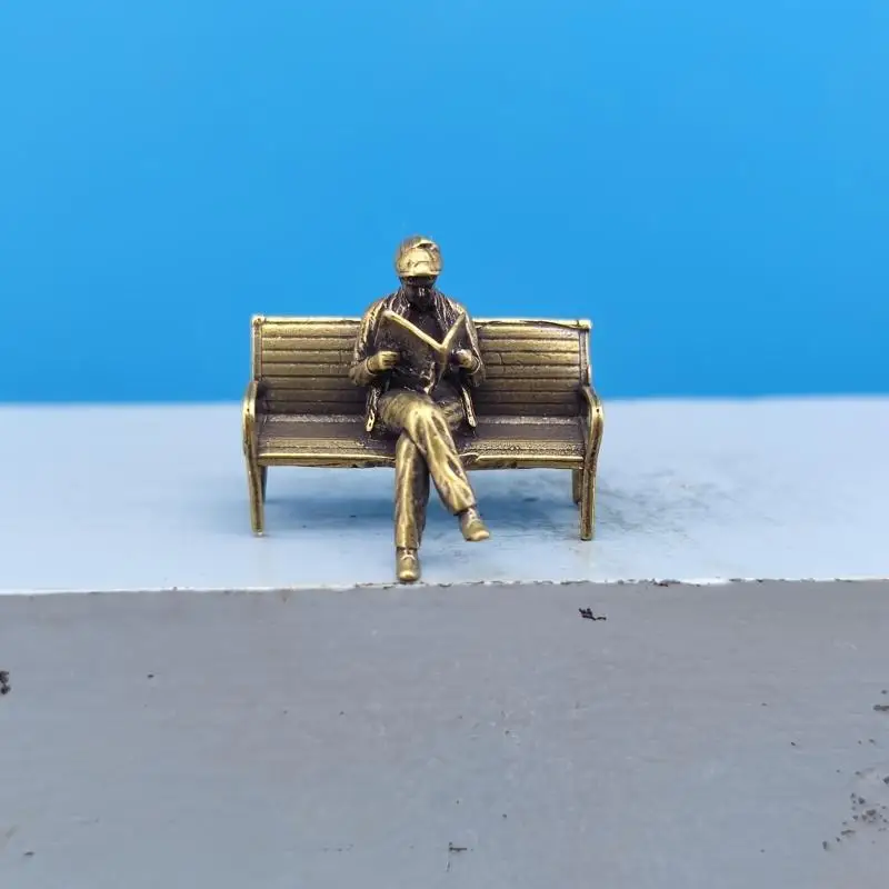 Brass Elderly Person Reading A Newspaper Figure 1:64 Doll Model Handheld Miniature Sandbox Micro Landscape Small Scene Ornament