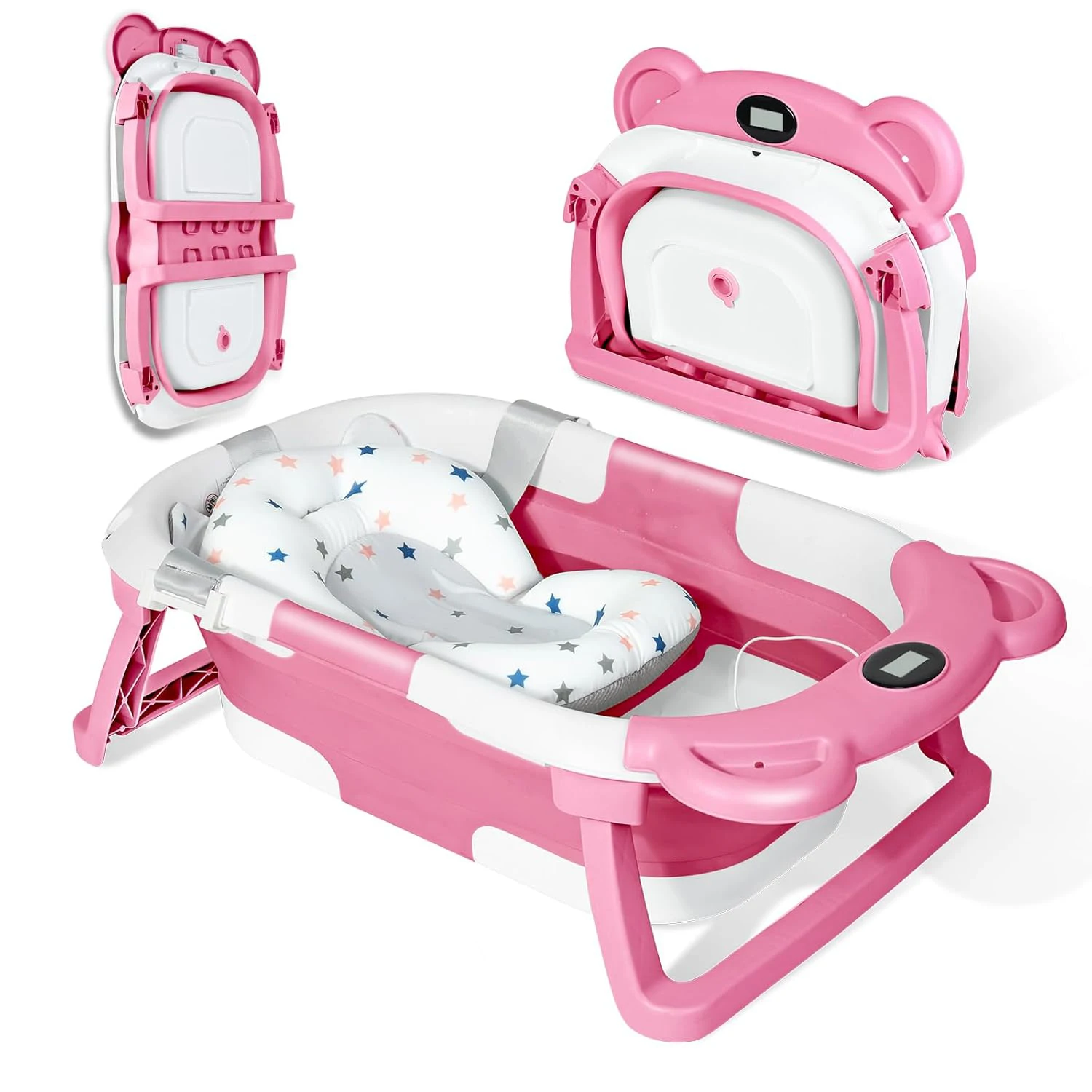 Tragbare, faltbare Babybadewanne für Neugeborene mit Echtzeit-Thermometer, weichem Stützkissen, zusammenklappbare Reise-Babybadewanne mit Ablaufstopfen, kompakte Aufbewahrung, Kinderbadewanne – Detail 11