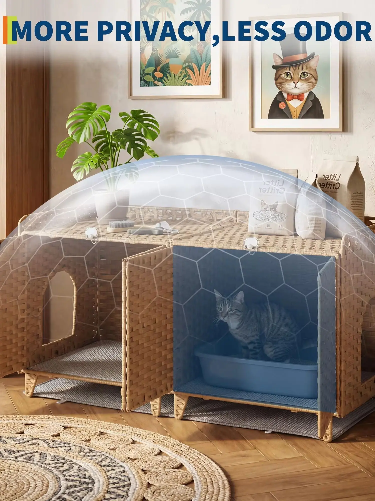 Katzenklo-Möbel, handgeflochtene Rattan-Katzenhäuser, verstecktes Katzen-WC-Möbel mit Tür/Matte, geräumige Katzenhäuser mit S-förmigen Haken, Wohnzimmer, Schlafzimmer