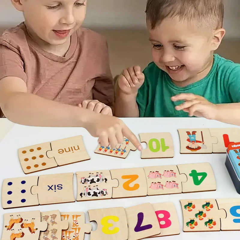 Scatola di ferro per bambini Numero Illuminazione accoppiato Cibo per animali in legno Puzzle Board Gioco di allenamento per pensiero logico Giocattoli educativi