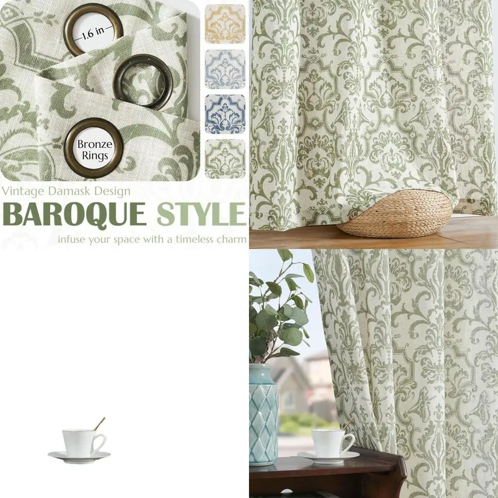 

Льняные шахматные зеленые шторы с дамасским рисунком длиной 108 дюймов для гостиной и спальни, светофильтрующие винтажные драпировки в стиле барокко