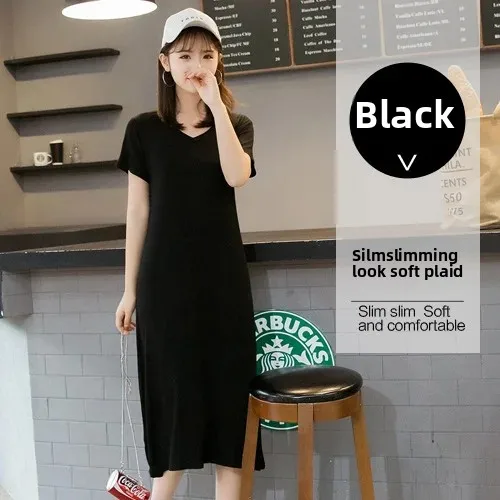 Spring Fashion plus Size Short Sleeve V-Neck Women's Dress Base Layer Little Black Dress Slimming Long Gown Dress