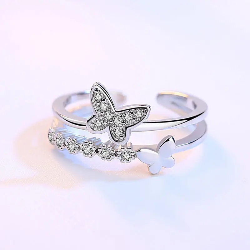 Luxury Brand Korean Style Open Crystal Butterfly Rings for Women Charm Adjustable Finger Rings Valentine's Day Gift Jewelry