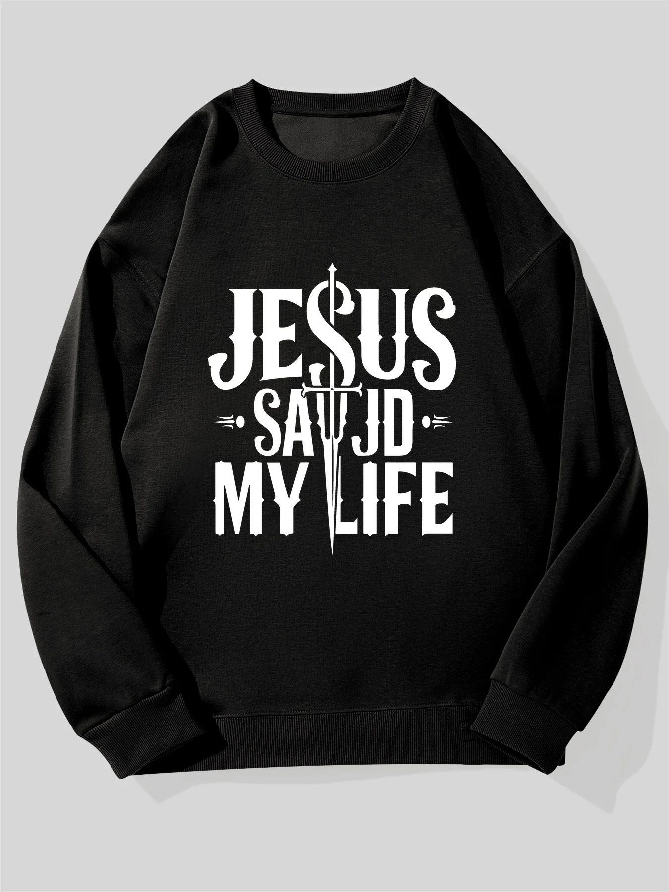 

Мужская толстовка Jesus Saved My Life Christian Faith — большой белый свитер с круглым вырезом с жирным черным крестом и библейским стихом