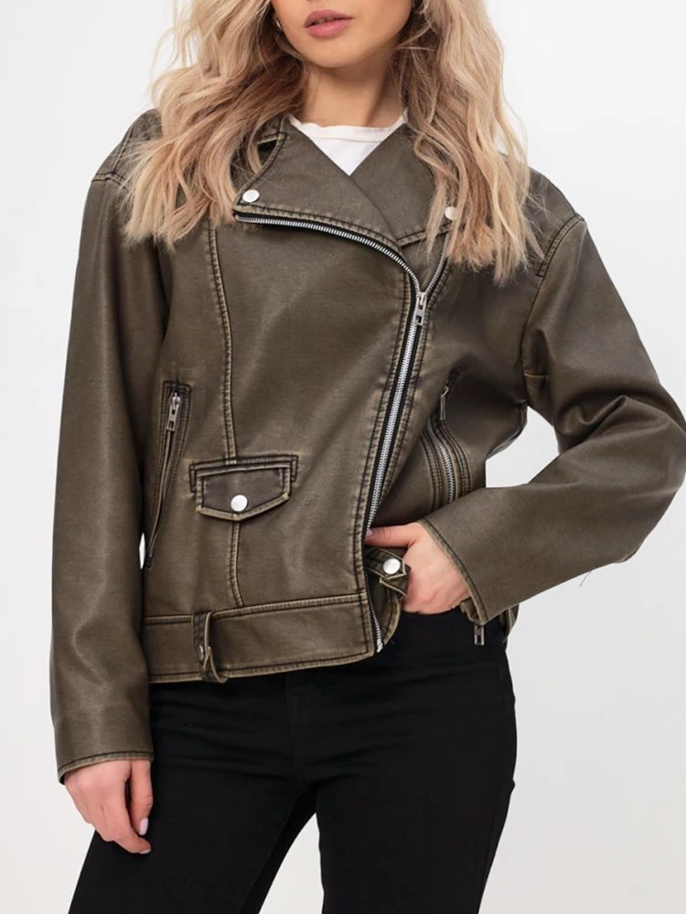 Ailegogo Women Vintage Loose Pu Faux Leather Jacket Streetwear Female Zipper Moto Biker Retro Coat Outwear