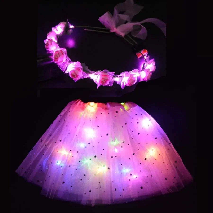 Women LED Glow Ballet Light Up Tutu Skirt Dance Party Headband Flower Girl Crown Birthday Gift Wedding Festival Halloween