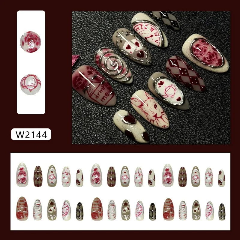 30 piezas Uñas postizas 3D Dream Rose Corazón y animal Ola Uñas postizas cortas en forma de almendra Cobertura completa para mujeres y niñas Falso arte de uñas 2