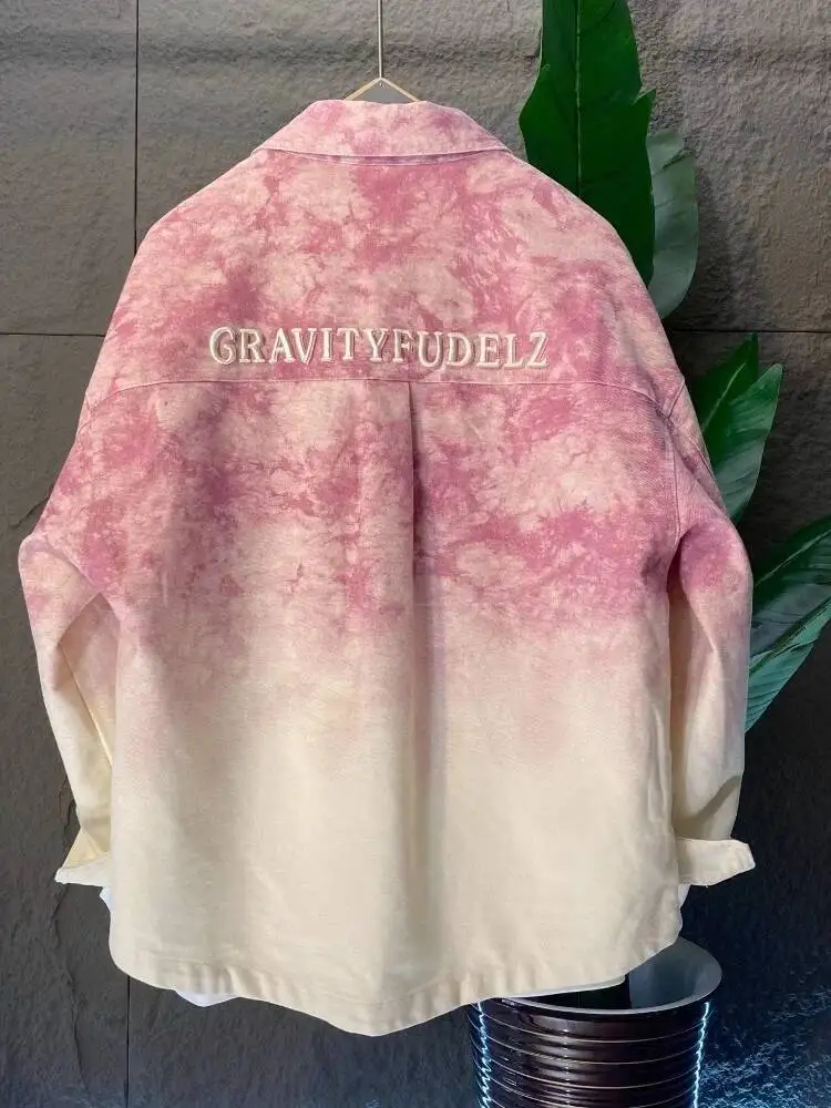 Women Jeans Jacket Washed Tie Dye Gradient Denim Shirt Autumn New Embroidered Jacket Loose Oversized Unisex Couple Top
