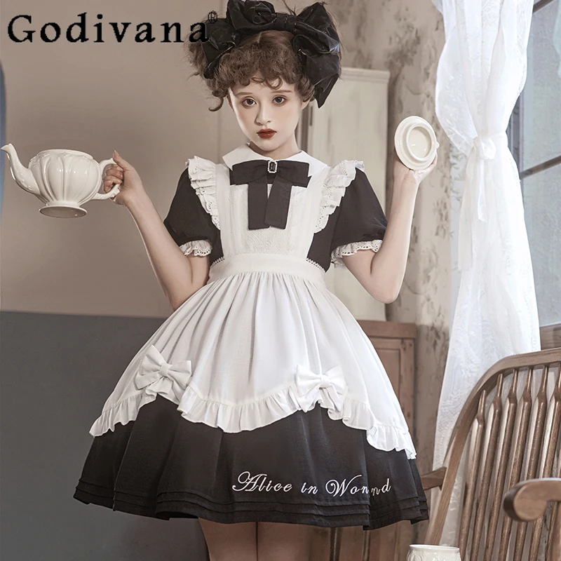 Summer Op Lolita Sweet Dress for Women Short Sleeve Bow Collar Blue Princess Dress Female A Line Cosplay Short Dress