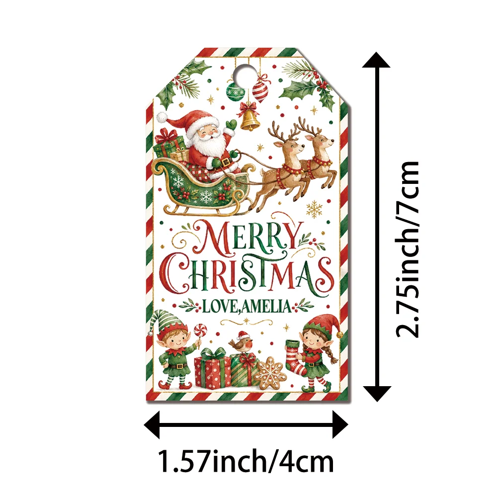 40Pcs Custom Text Christmas Gift Tags, Santa Sleigh Elf Reindeer Hanging Labels,with Jute Rope