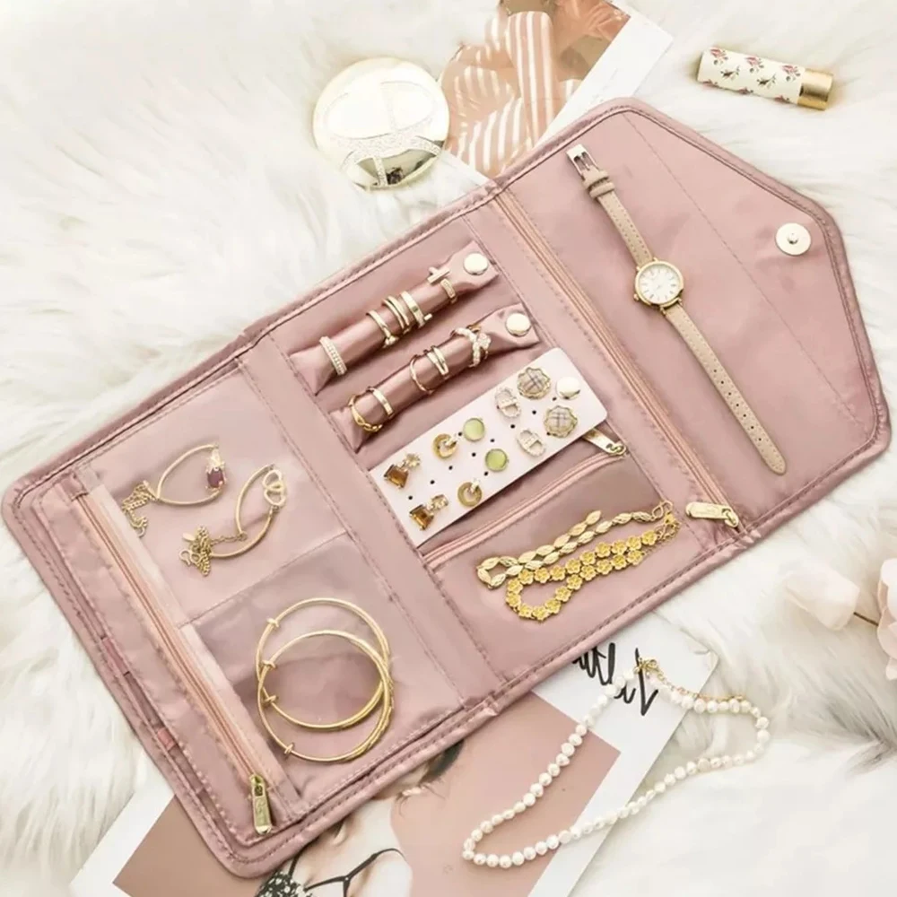 Multiple Jewelry Storage Organizer Bracelet Earrings Accessories Carrying Bag Necklace Brooch Rings Travel Folding Roll Pouch
