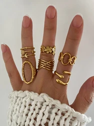 Peri'sbox 6pcs Simple Fashion Stainless Steel Gold Plated Anti-Tarnish Rings for Women Irregular Opening Adjustable Jewelry Gift
