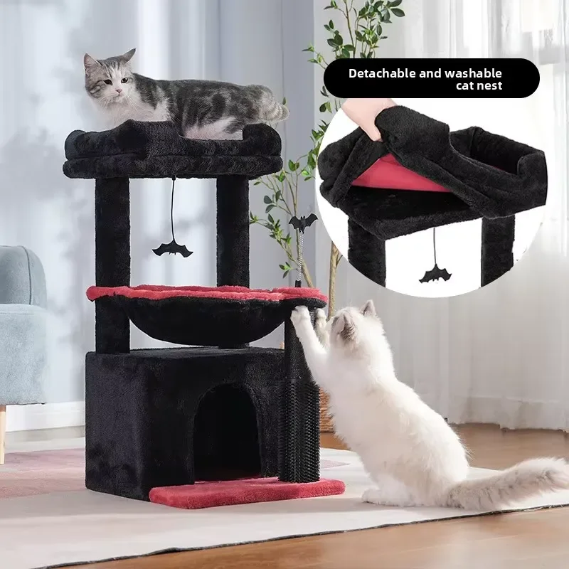 Modern Halloween Cat Tree Cute Wood Integrated Cat House with Large Sisal Post and Jumping Platform