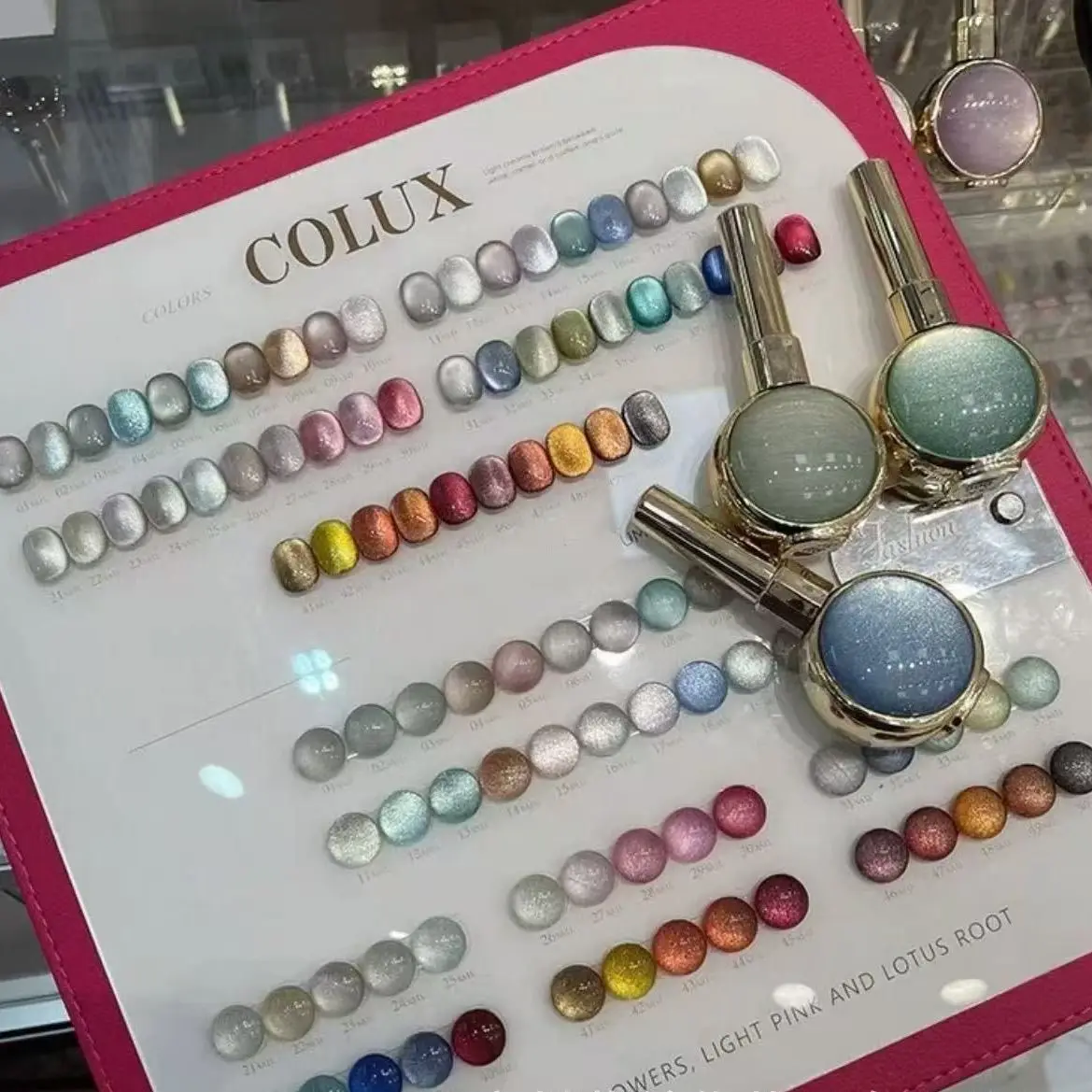 

COLUX 50 Colors Moonlight Peach Pink Cat Eye Nail Polish Gel Boiled Water Glass Beads With Color Chart DIY Art Design