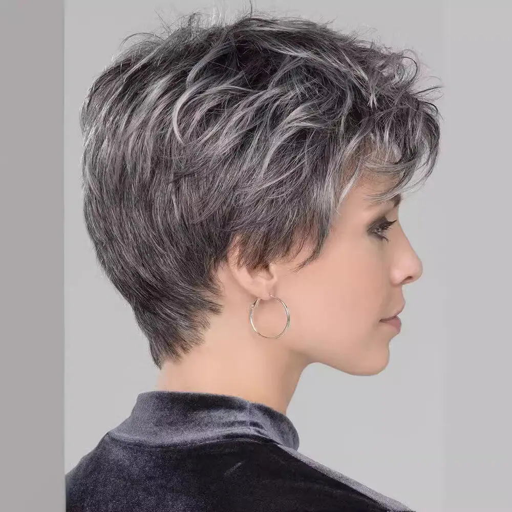 Short Grey Mixed White Pixie Cut Wig With Bangs Women Synthetic Soft Wigs Synthetic