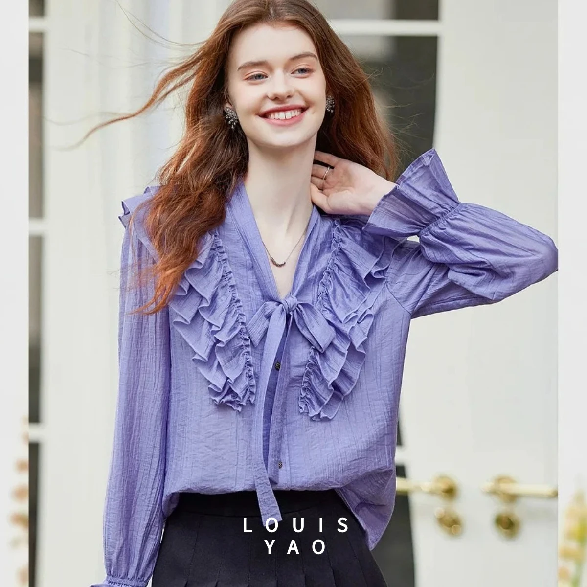 

LOUISYAO Gentle Sweet Style Ruffled Women’s Shirt 2025 Summers Collar Tie Top Purple Blouses Cardigan Chic Street Wear