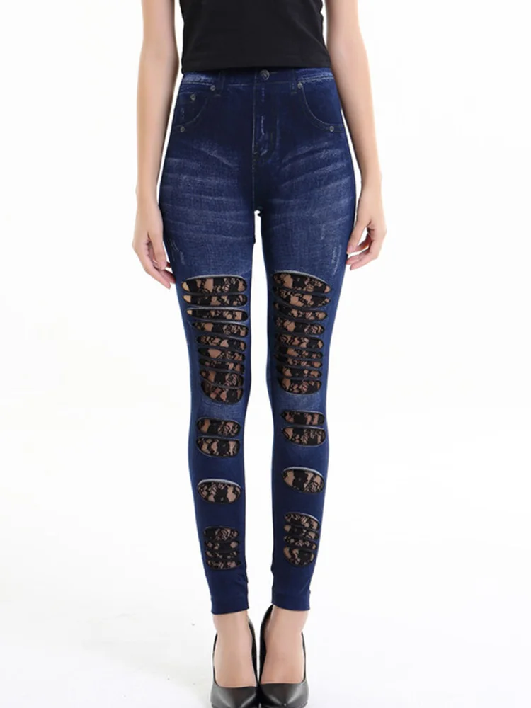 Sexy Leggings Faux Denim Jeans Jeggings Lace Hollow Floral New Fashion Penci Pants Fitness Leggins Sports Trousers