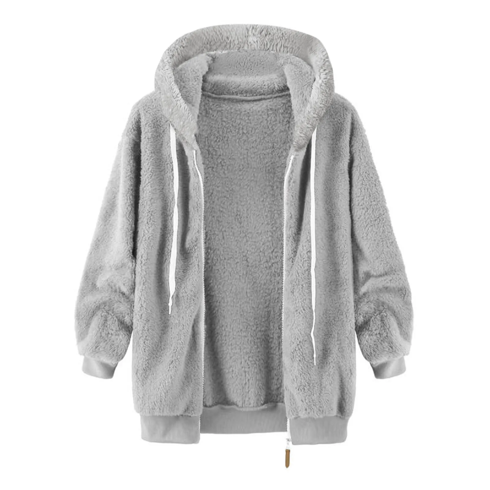 Women's Plus Size Solid Color Sweatershirt Hooded Pullover Warm Wool Plush Coat Zipper Top