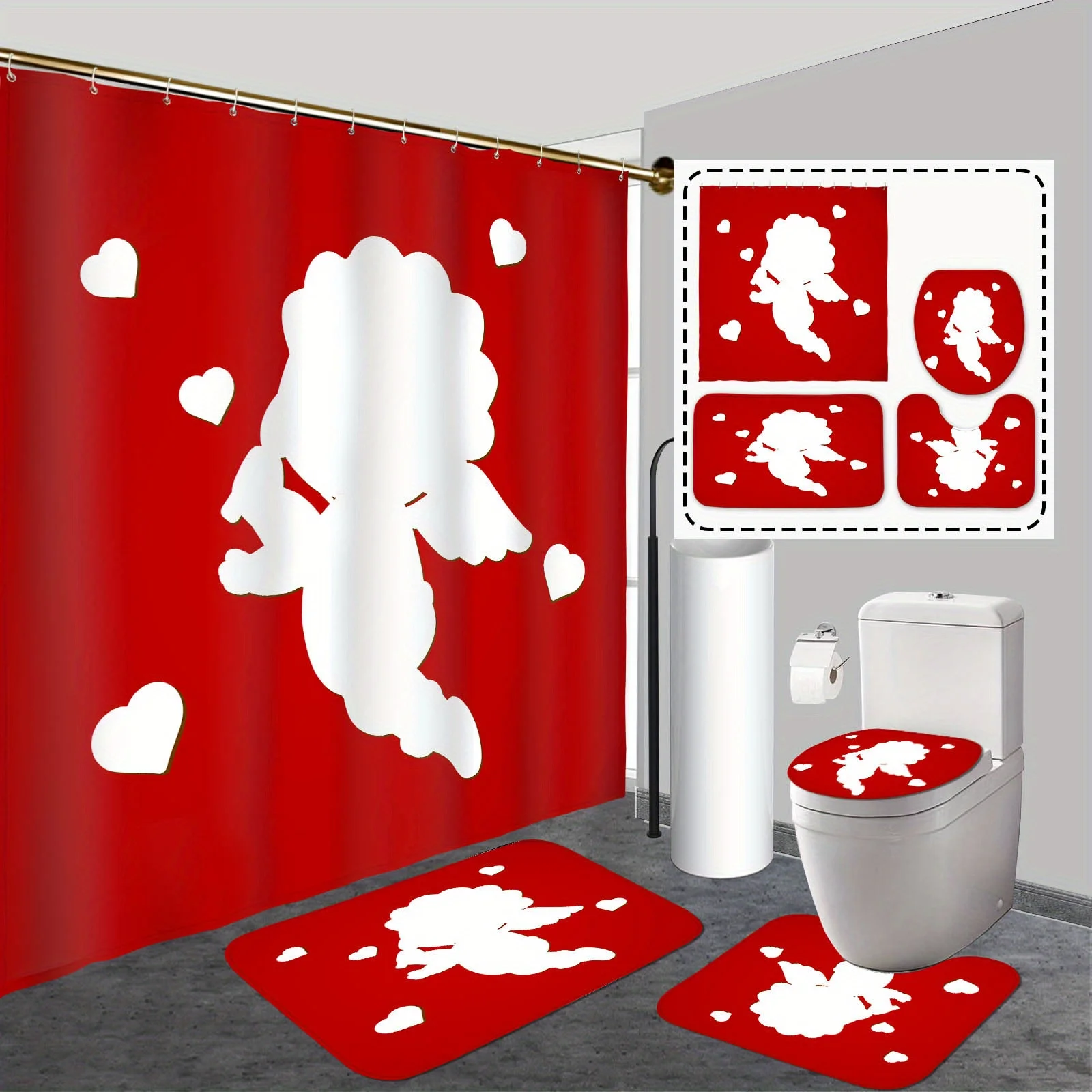 

4PCS Holiday Bath Set - Cupid Shower Curtain with 12 Hooks, Non-Slip Mats & Toilet Cover for Valentine/New Year Decor‌