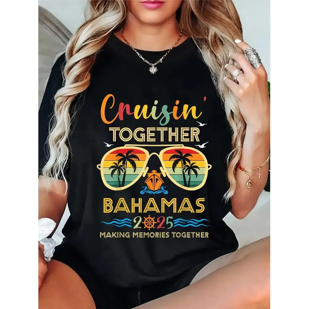 Dames Cruisin Together Bahamas 2025 Grafisch T-shirt 100% Casual T-shirt met ronde hals en tropische palmboom Modieus brilontwerp