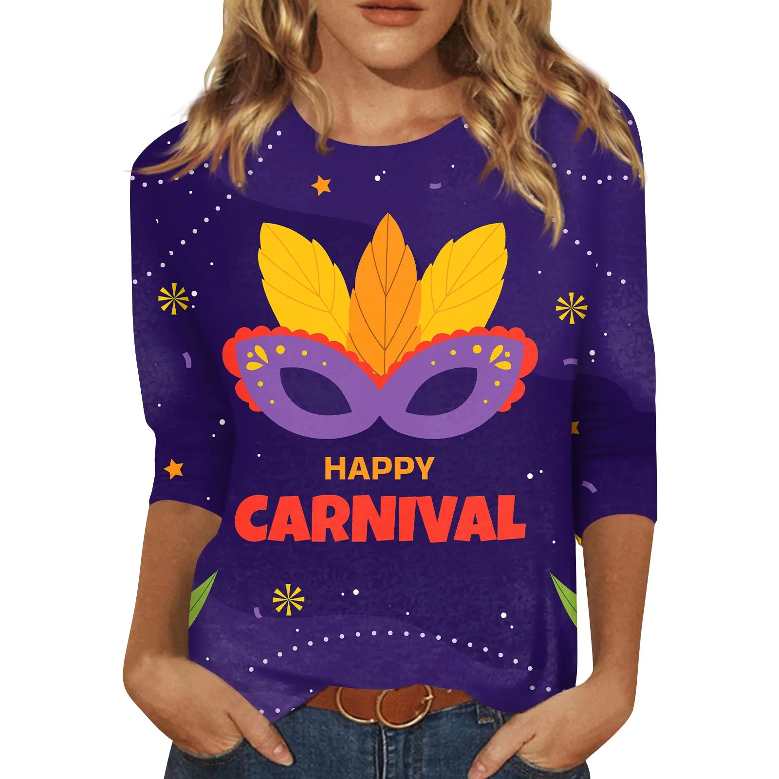 Women Three Quarter Sleeves T-Shirt Carnival Theme Print Graphic Tees Blouses Daily Basic All-Match Plus Size Round Neck T-Shirt