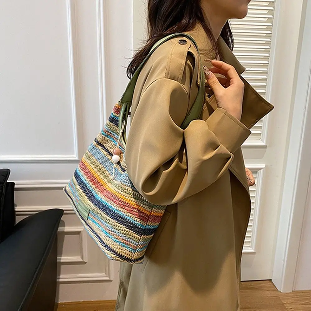 

Rainbow Stripe Straw Shoulder Bag Bohemian Large Capacity Summer Beach Bag Portable Lightweight Women Shopping Handbag Women
