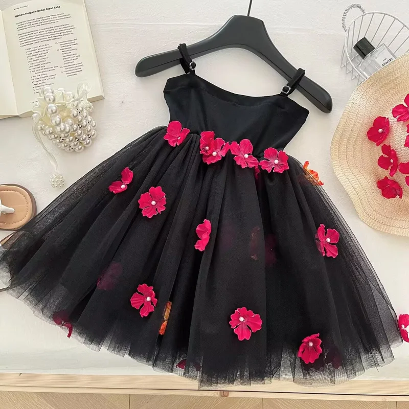 

Girls' Summer Dress2025New Style Strap Mesh Princess Dress Children's Flower Puff Dress Wholesale