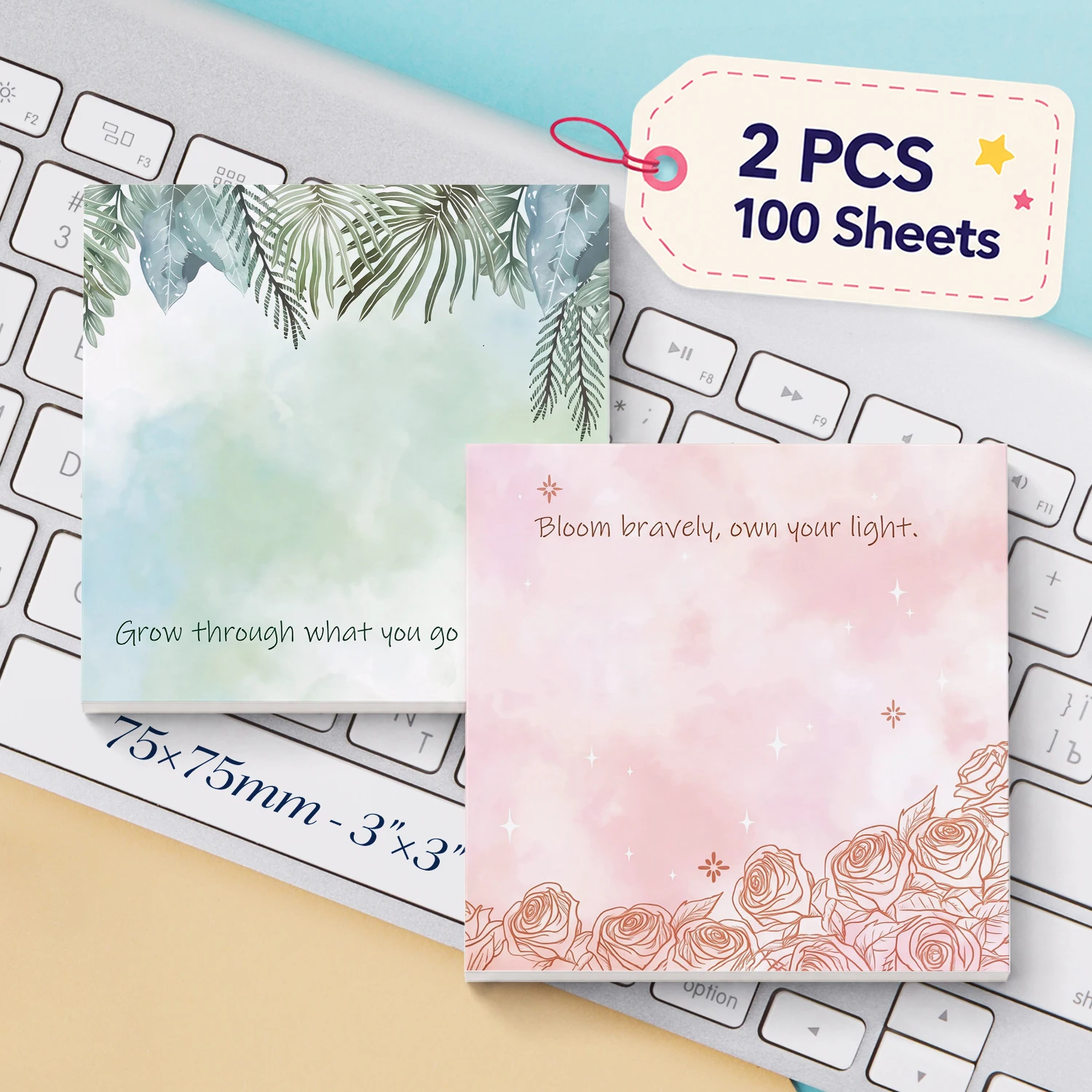 2pcs Inspirational Floral Sticky Notes Set, Rose Botanical Quote Self Stick Memo Pads, 100 Sheets Total, Aesthetic Flower Notepa