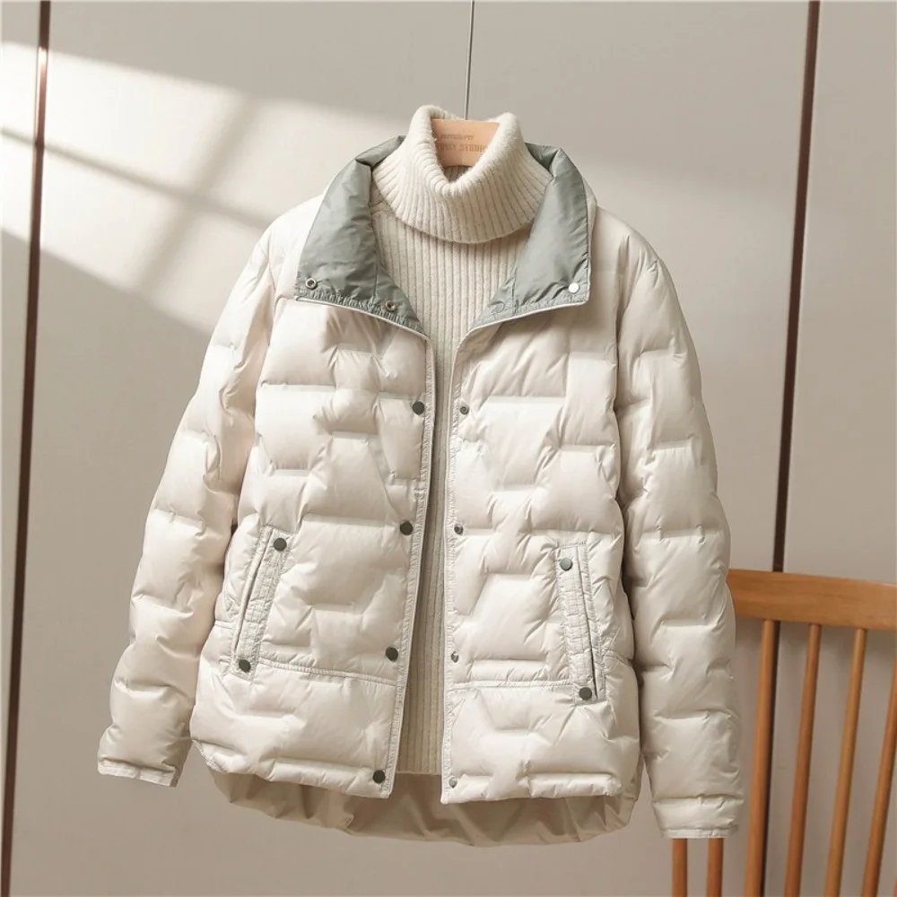 Autumn Winter Women White Duck Down Coat Casual Lapel Single Breasted Jacket Fashion Light Puffer Parka Outwear