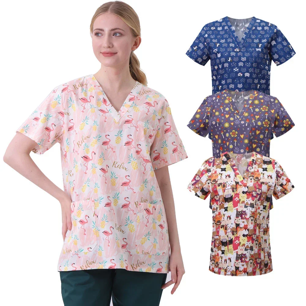 Chirurgische Druck Tops heißen Verkauf Krankens ch wester Uniform Frauen Kurzarm V-Ausschnitt Arbeits uniform Bluse Uniformen Pflege Peelings Tops Hosen