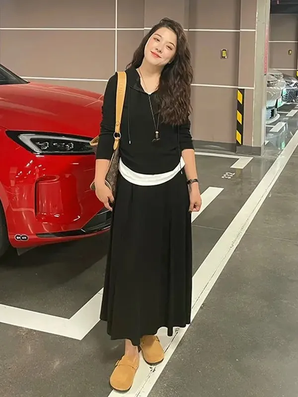 

plus Size Women's Color Block Hoodie Top And Skirt Set Slimming Concealing Spring Fashion Ensemble Casual Outfit