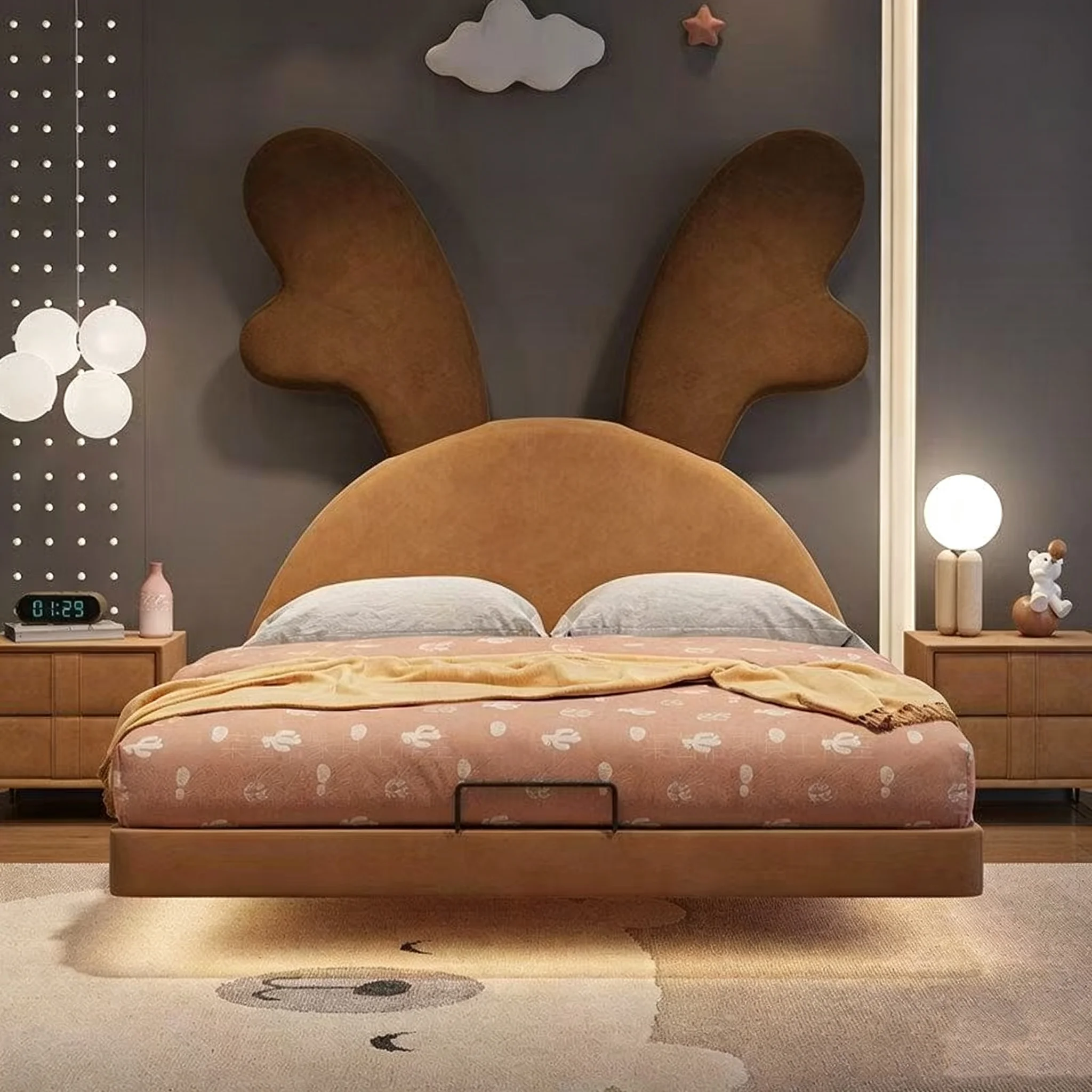 *Cute Deer Antler Velvet Upholstered Kids Bed Cartoon Floating Platform Bed for Boys Children Bedroom Furniture