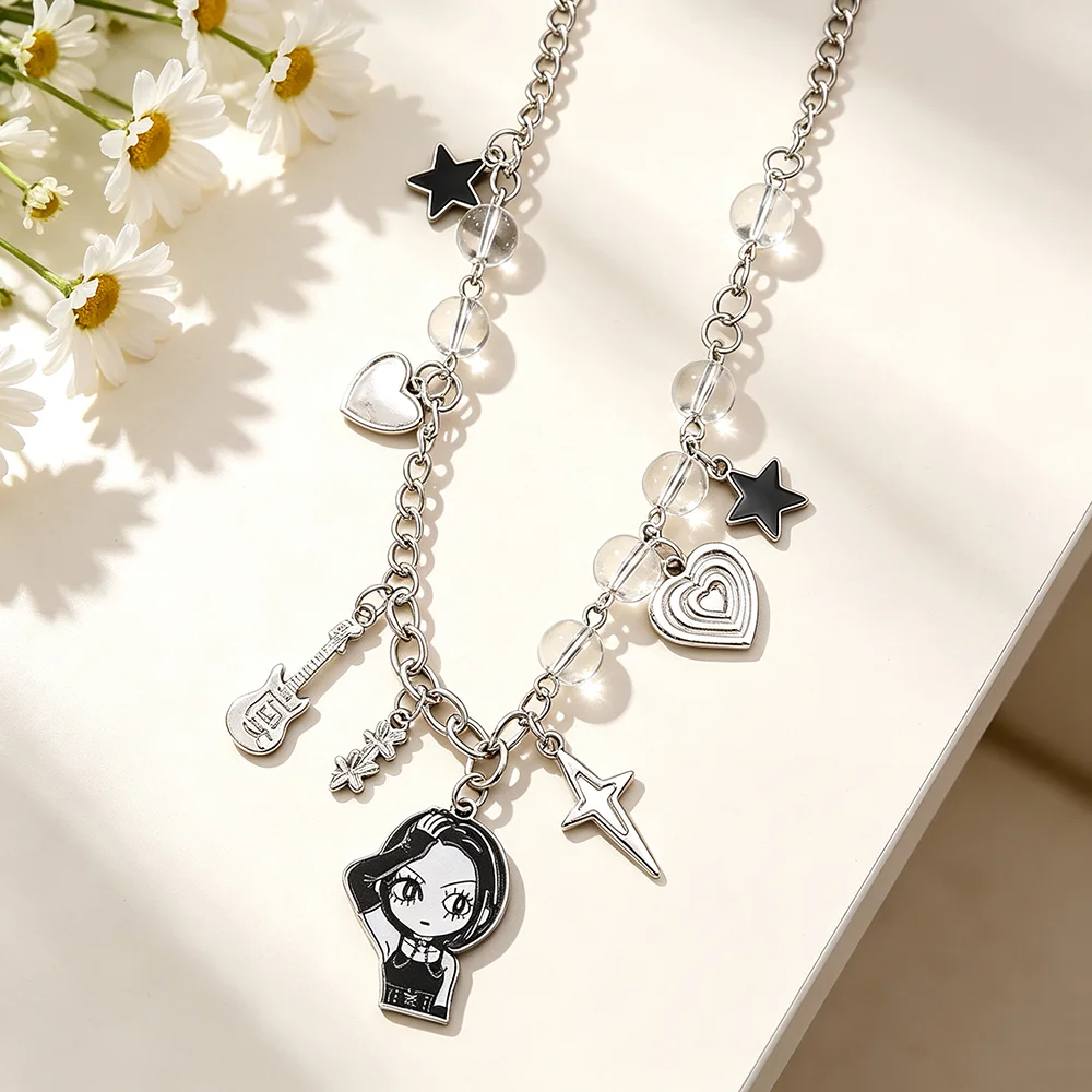 Cute Black White Cartoon Figure Rock Style Pendant Necklace - Guitar Star Hollow Heart Frosted Bead Charms Fashion Accessory
