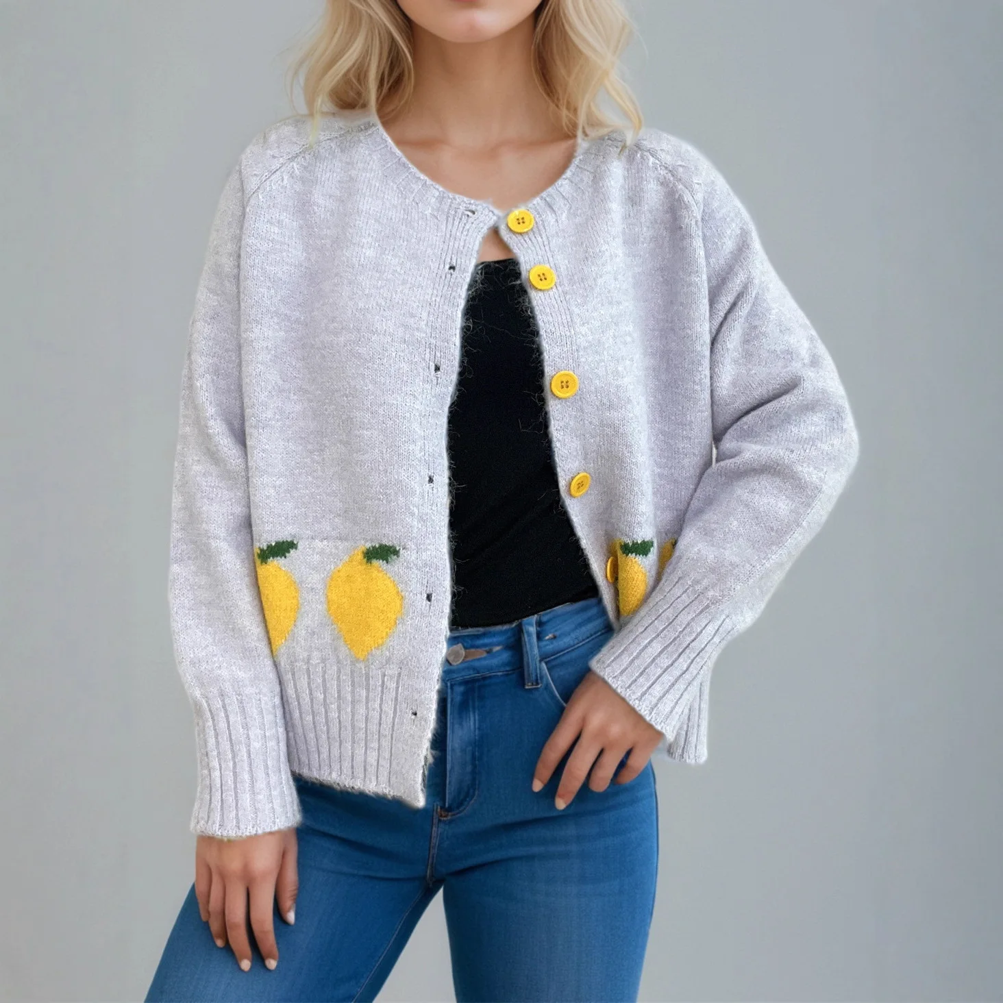 2025 가을 겨울 달콤한 신상 오렌지 니트 스웨터 라운드 넥 버튼 캐주얼 여성 가디건