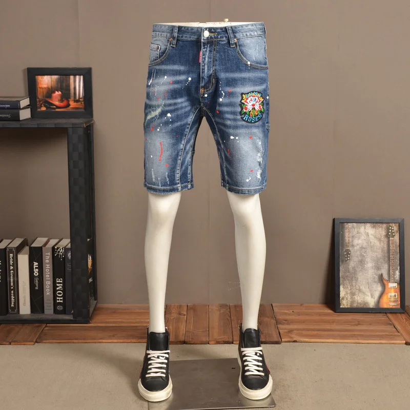 

Men Embroidery Summer Blue Denim Shorts Fashion Casual Dots Printed Short Pants