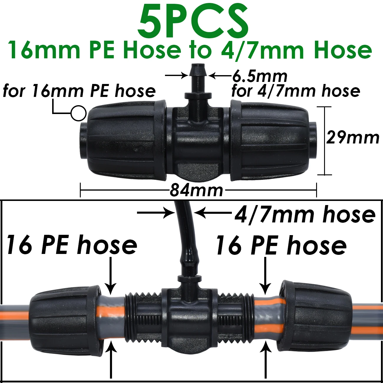 Sprycle PVC Garden Pipe Connector, Rega Gotejamento Irrigação Acoplamento, Tee Thread Lock, 4 7 3 5mm Mangueira, 16mm 1/2 \