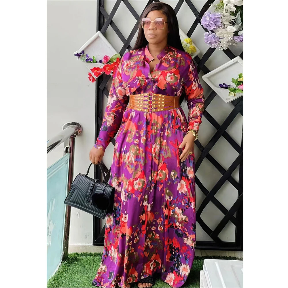 

African Boubou Abaya Robe for Satin Women Dashiki Ankara Party Dresses Flower Print Turkey Dubai Kaftan Maxi Gown Belted Outfits