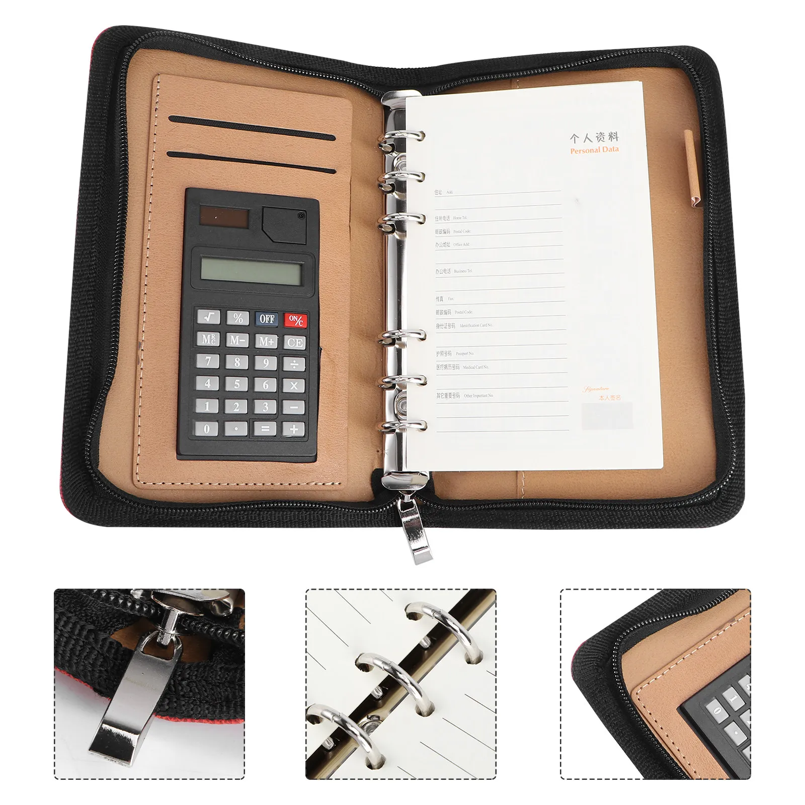 PU A6 Zipper Notebook Loose-Leaf Calculator Business Notepad Red Travel Organizer Meeting Office Portfolio