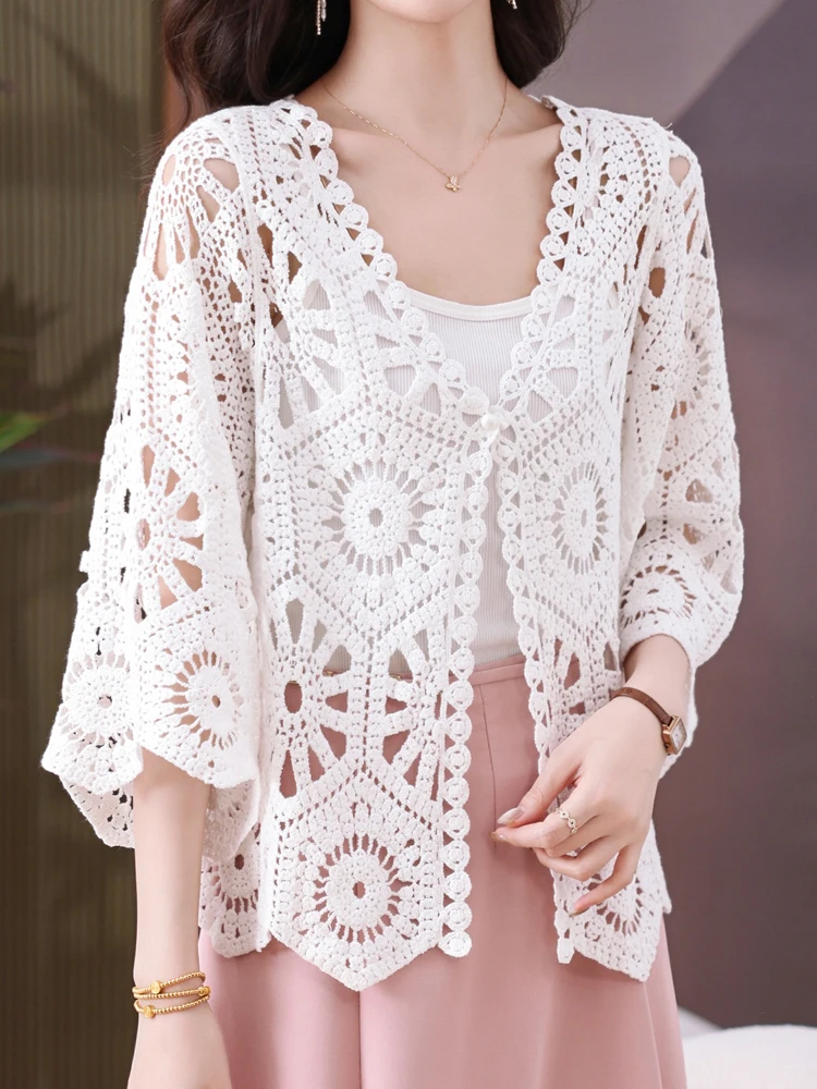 

Lace Hollow Cardigan Women Spring Summer Women Clothing Half Sleeve Cardigan Loose Knitwear Crochet Shawl