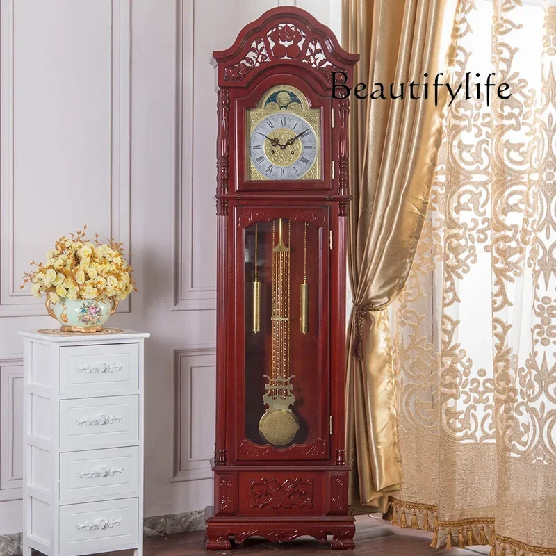 Floor clock, retro simple European solid wood hand-carved modern new Chinese living room time clock