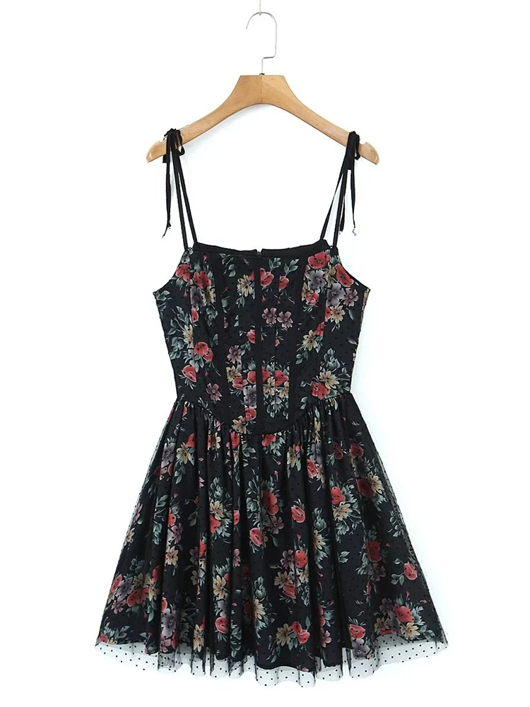 

YENKEY New 2023 Women Vintage Floral Print Mesh Sling Dress Sexy Sleeveless Ladies Holiday Summer Mini Dresses