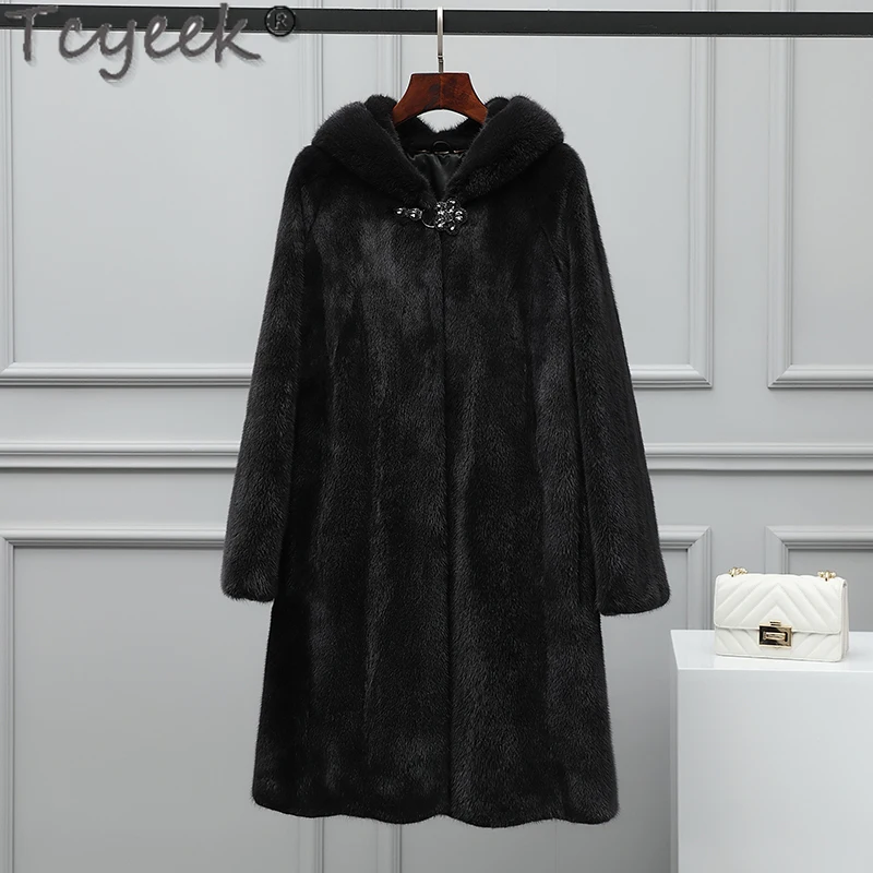 Tcyeek Natural Mink Fur Coat Women Hooded Winter Women's Jacket Fashion Mid-length Real Fur Coats Warm Whole Mink Fourrure Femme