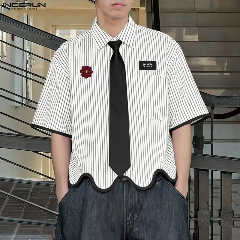 

INCERUN Мужская рубашка в полоску в стиле пэчворк с лацканами и коротким рукавом, повседневная мужская одежда, свободная уличная одежда 2026, модные топы для отдыха без галстука