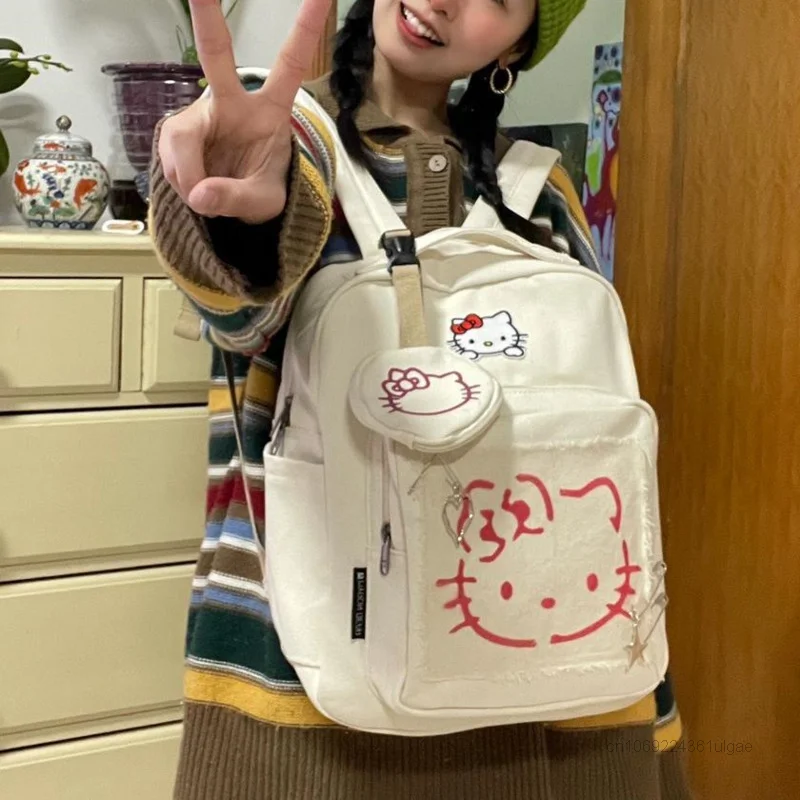 Sanurgente-Sac à dos Hello Kitty pour filles, sac à dos de style Académie de Gatineau, cartable étudiant, mode féminine, sac de dessin animé coréen initié, Y2k