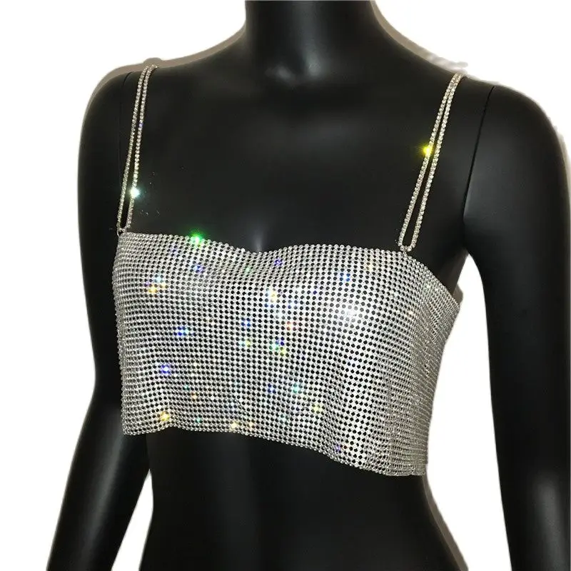 Halter en maille métallique scintillante pour femmes, haut court, cristal brillant, paillettes, sangle métallique, fête de festival, tenues sexy,