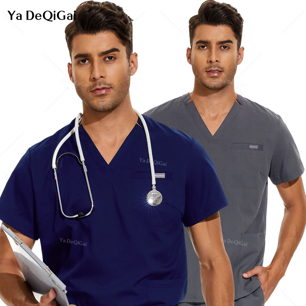 Uniformes médicos com decote em v para homens, camisas de trabalho de enfermagem clássico, blusa de manga curta, vestuário clínico, 2XL