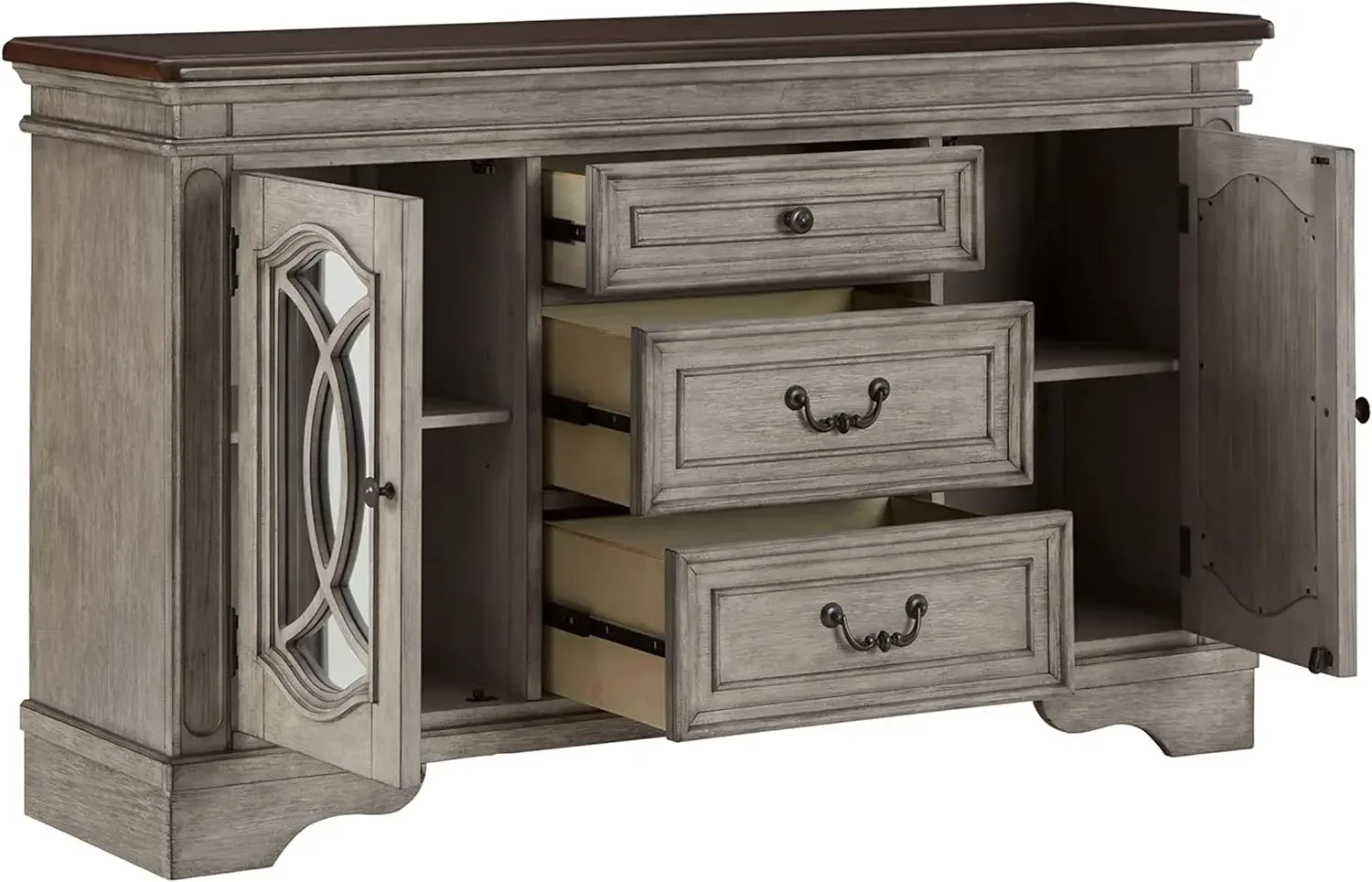 Ashley Londenbay-Servidor de jantar com 3 gavetas, 2 portas de armário, Signature Design, Classic Farmhouse, Brown e cinza