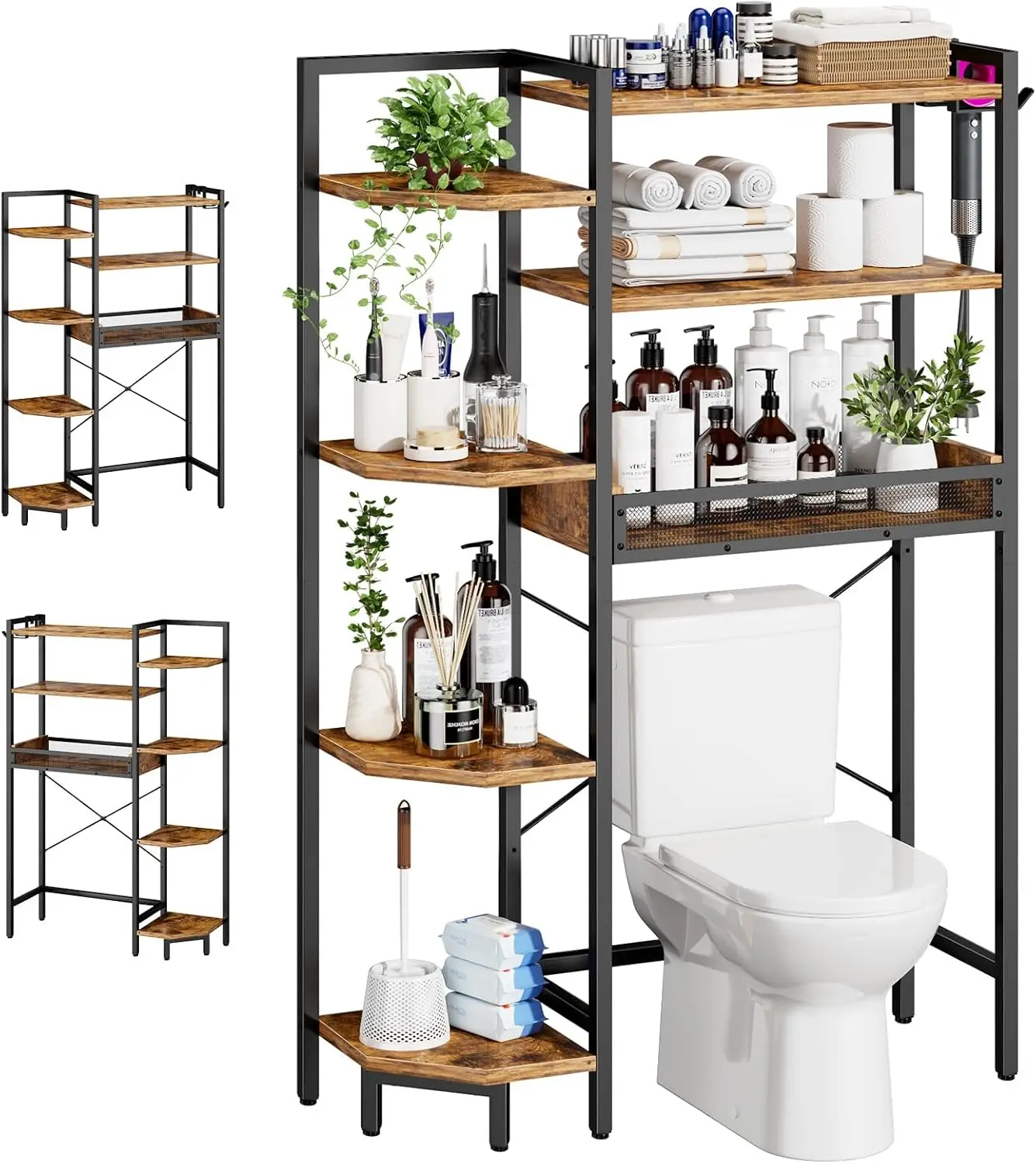 

Heavy Duty 7-Tier Over Toilet Storage with Basket and Paper Hook, Adjustable Feet, Rustic Brown, Space Saver Bathroom Shelves